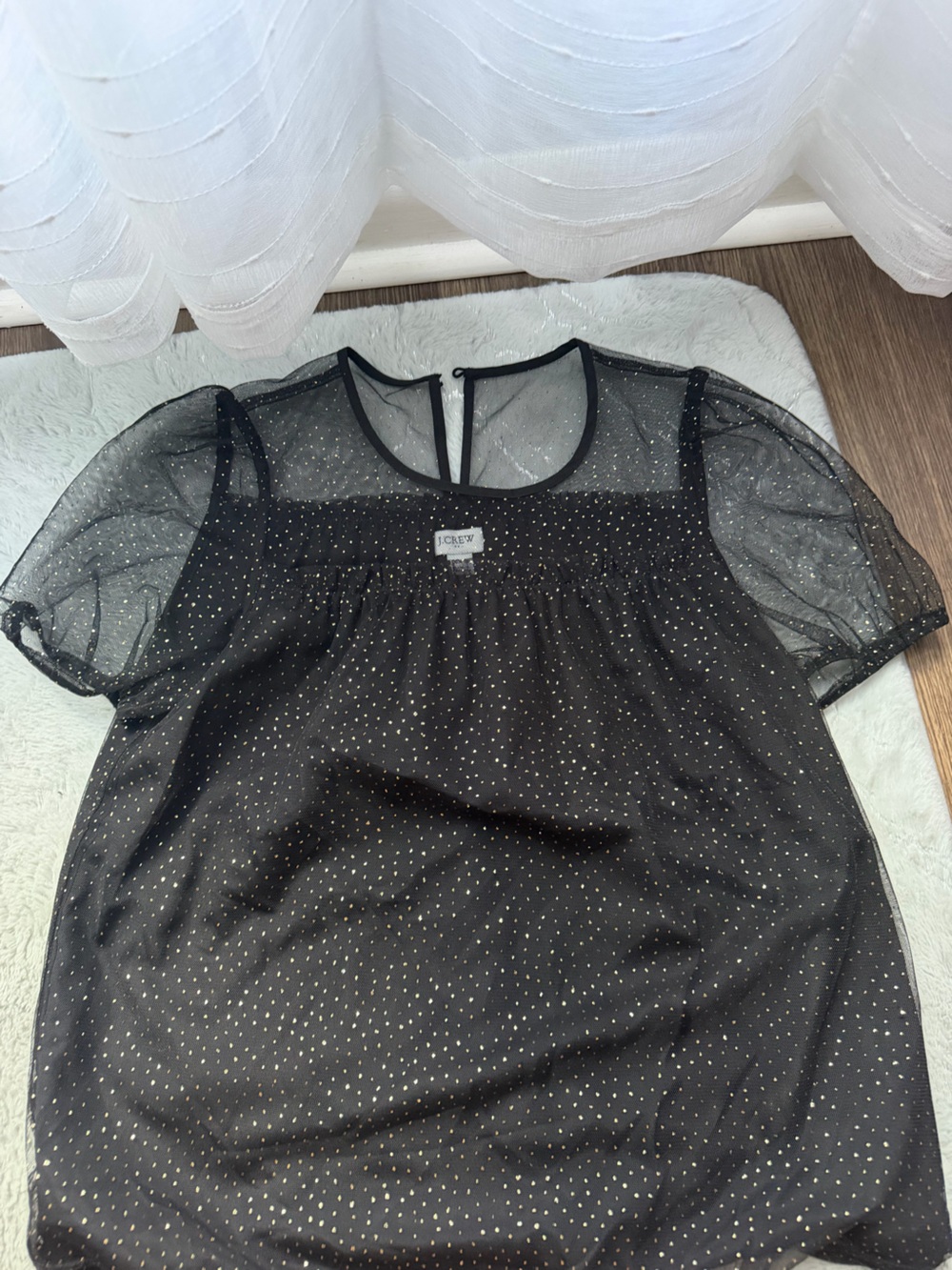J. Crew Black Sheer Dot Blouse with Gold Speckles